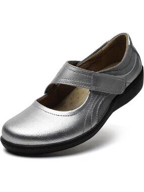 Women's Silver Mary Jane Walking Strap Orthopedic Comfortable Cushioned Flats